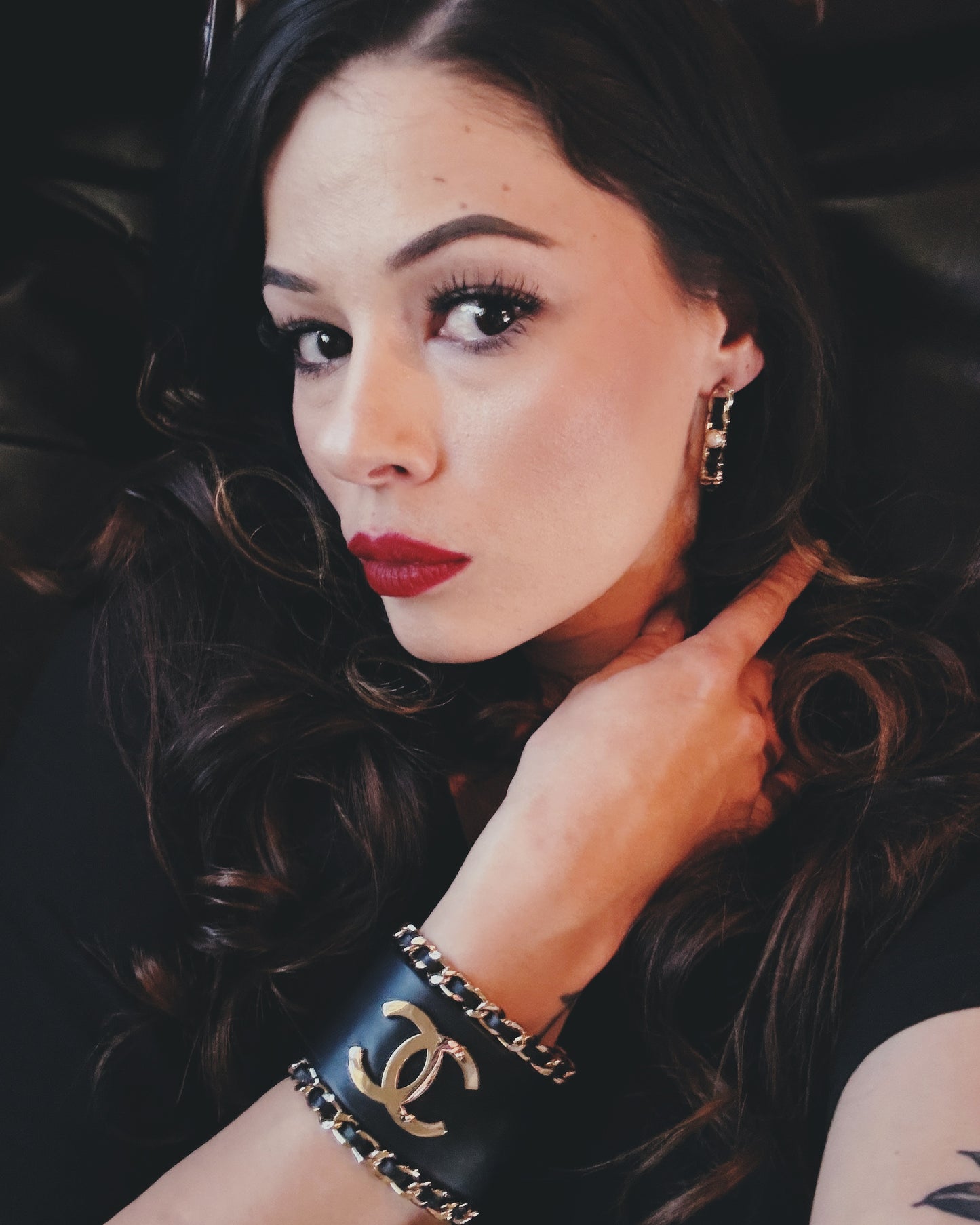 Chanel Leather & Gold Chain Cuff Bracelet