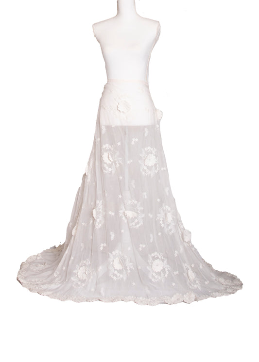 60s White Silk Floral Maxi Skirt S/M/L