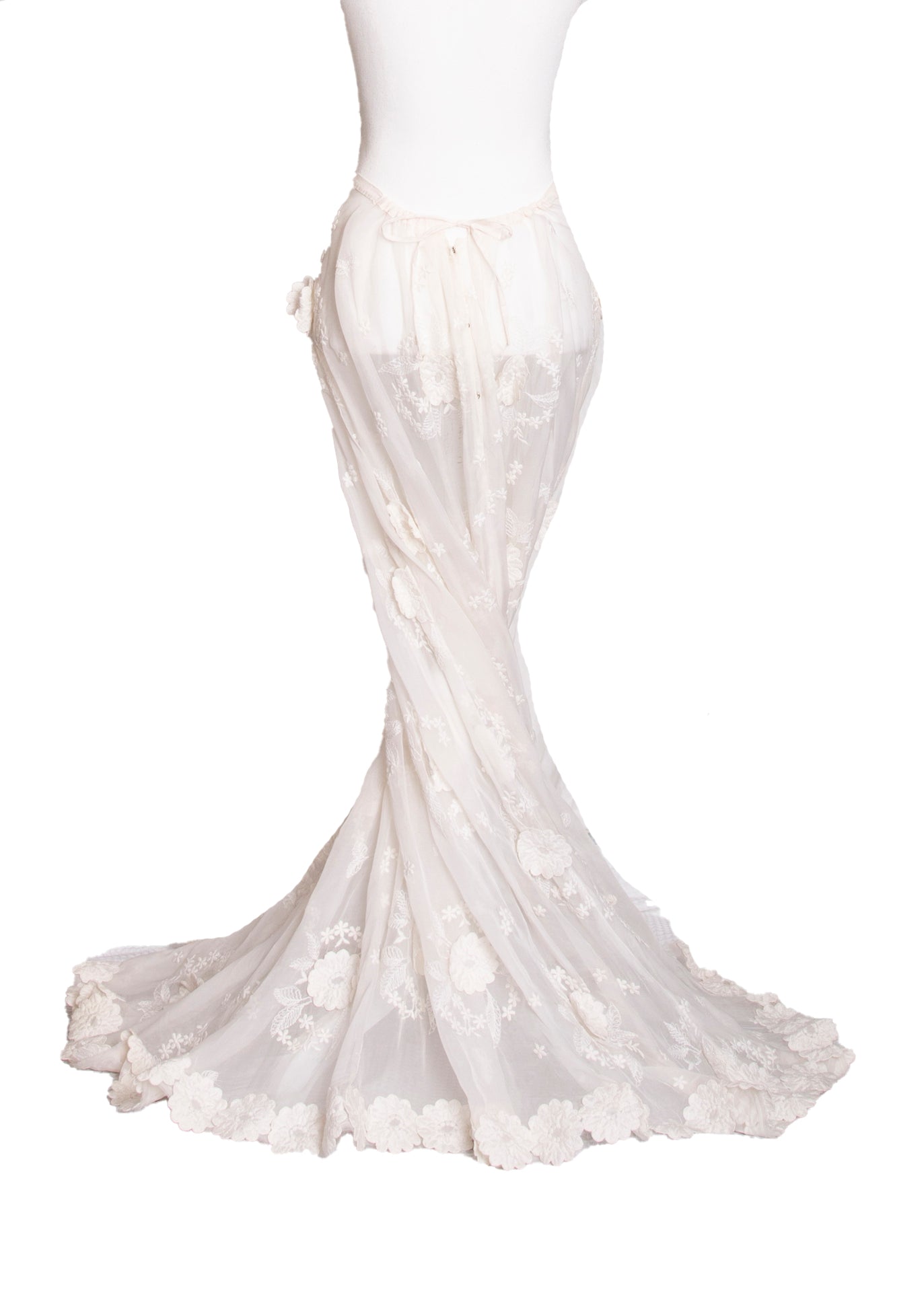 60s White Silk Floral Maxi Skirt S/M/L