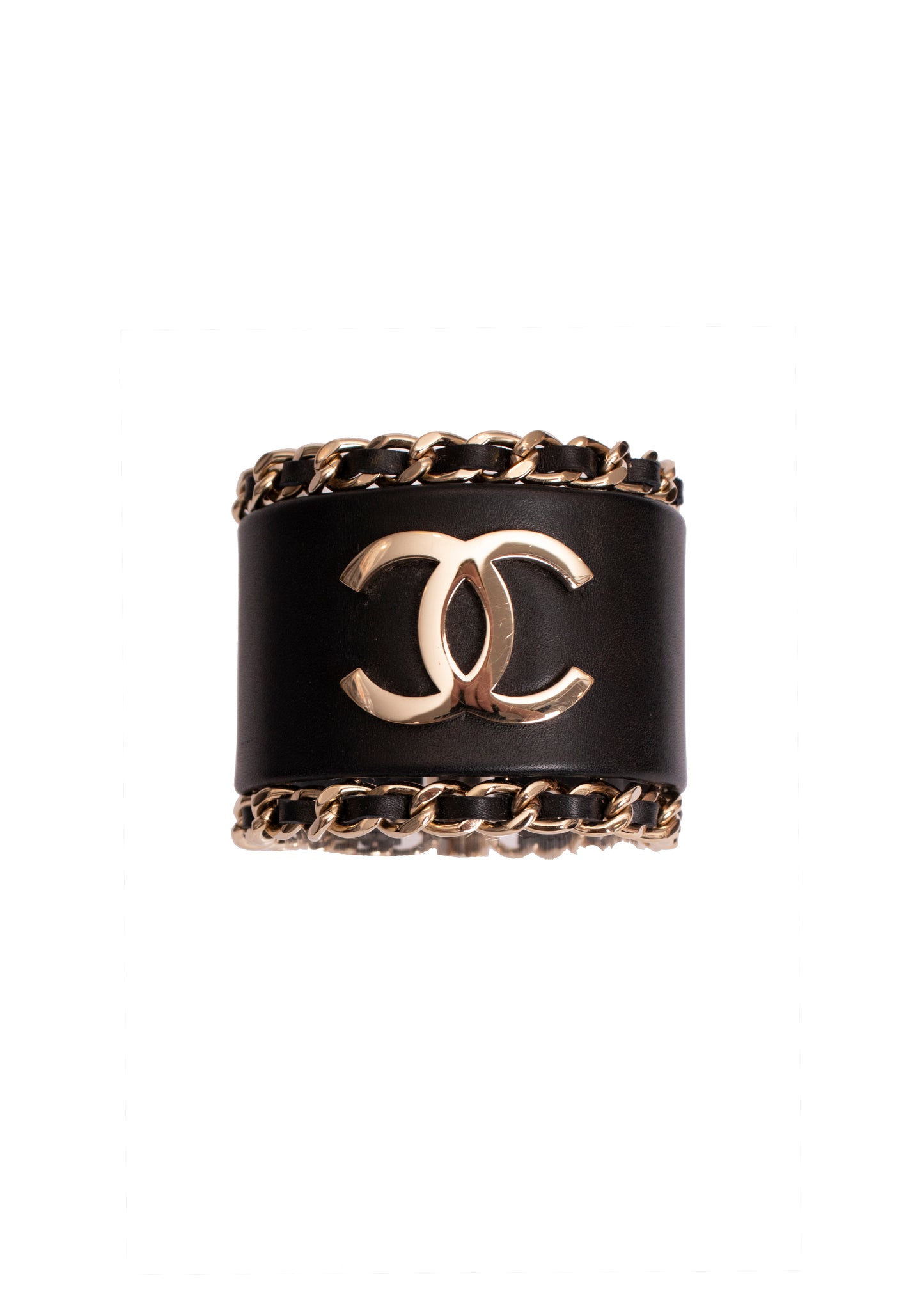 Chanel Leather & Gold Chain Cuff Bracelet