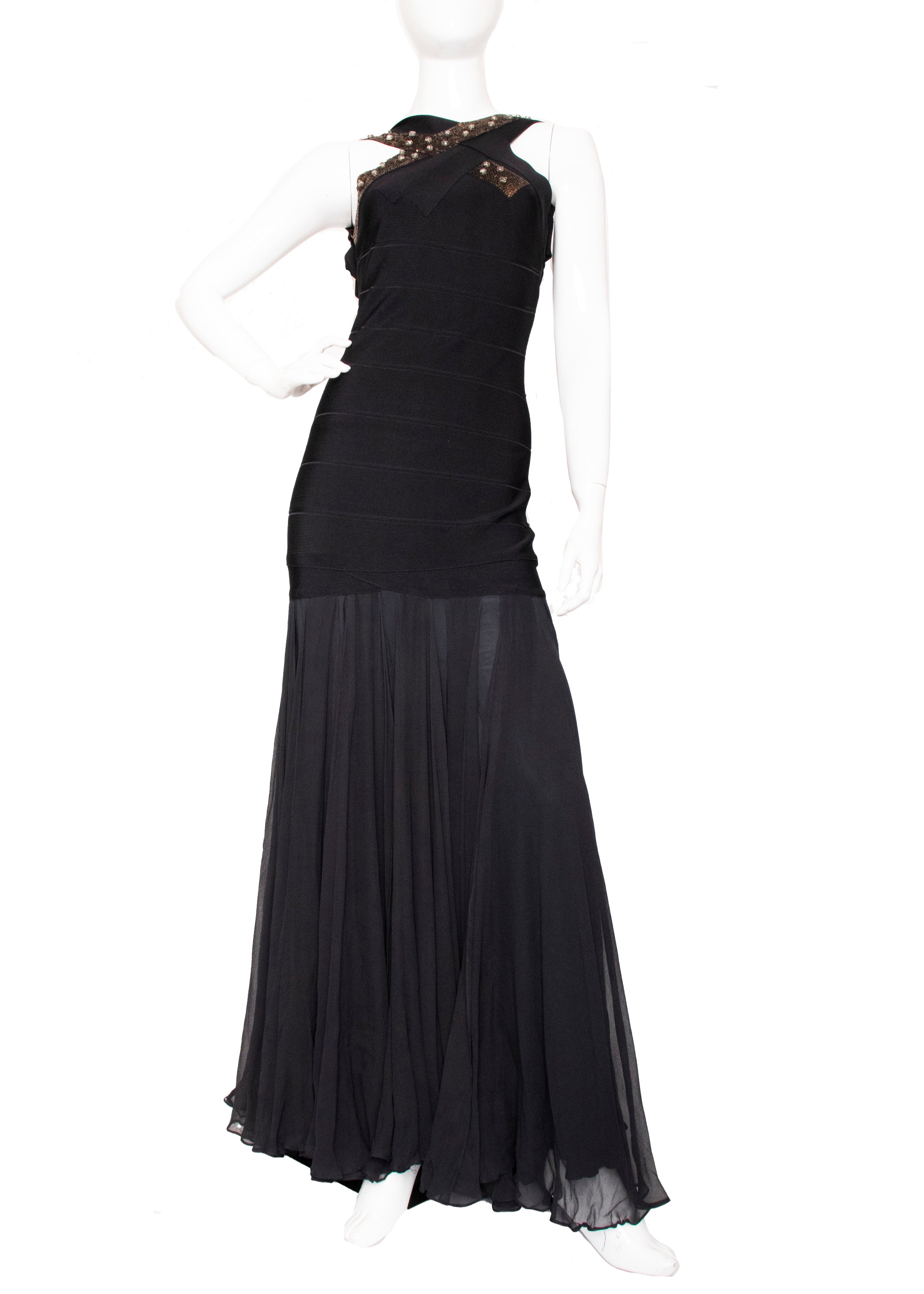 Herve Leger Black Silk Halter Bandage Maxi Dress Herve Leger Black Silk Halter Bandage Maxi Dress