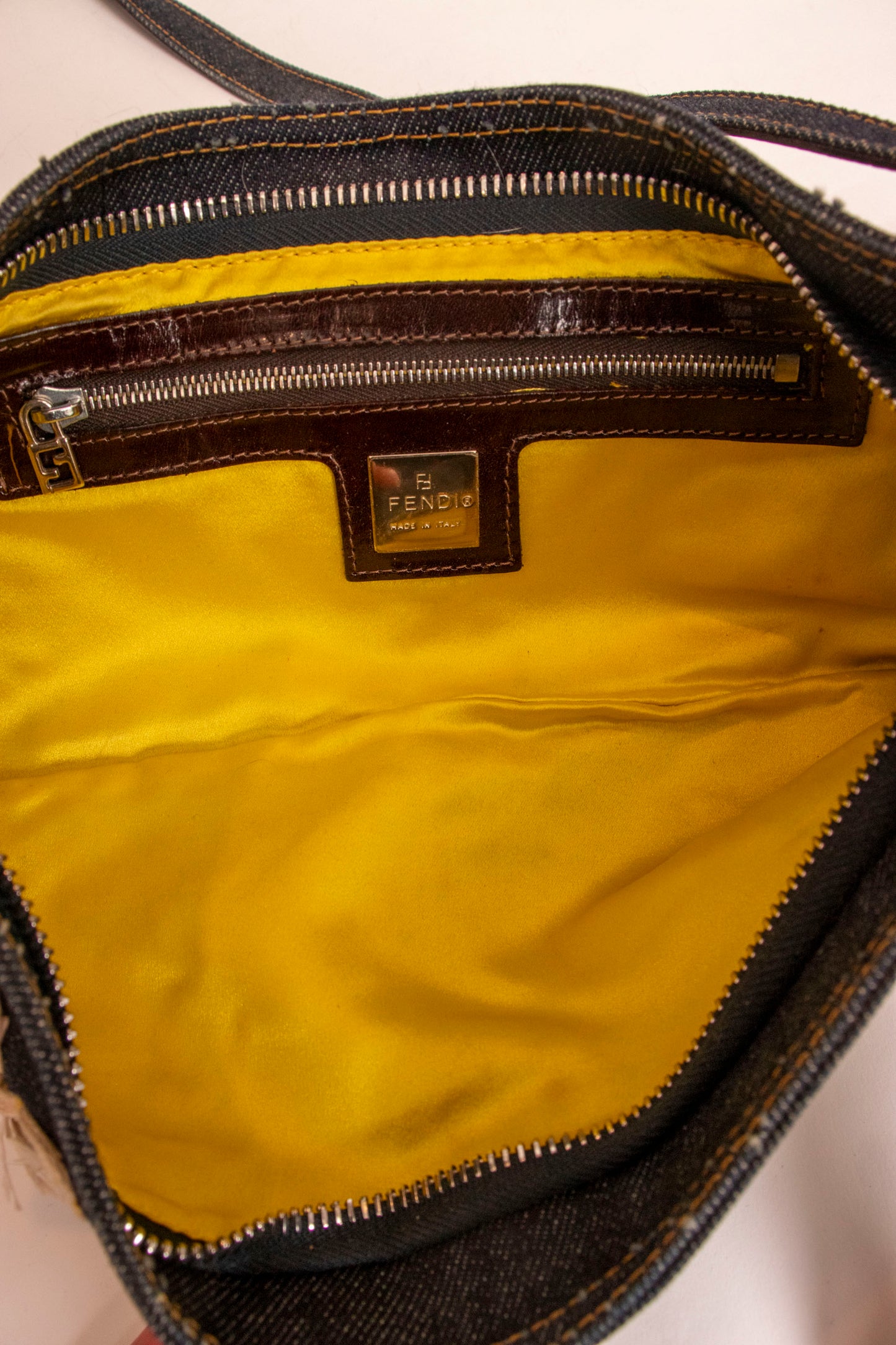 Fendi Denim Floral Embroidered Baguette Shoulder Handbag