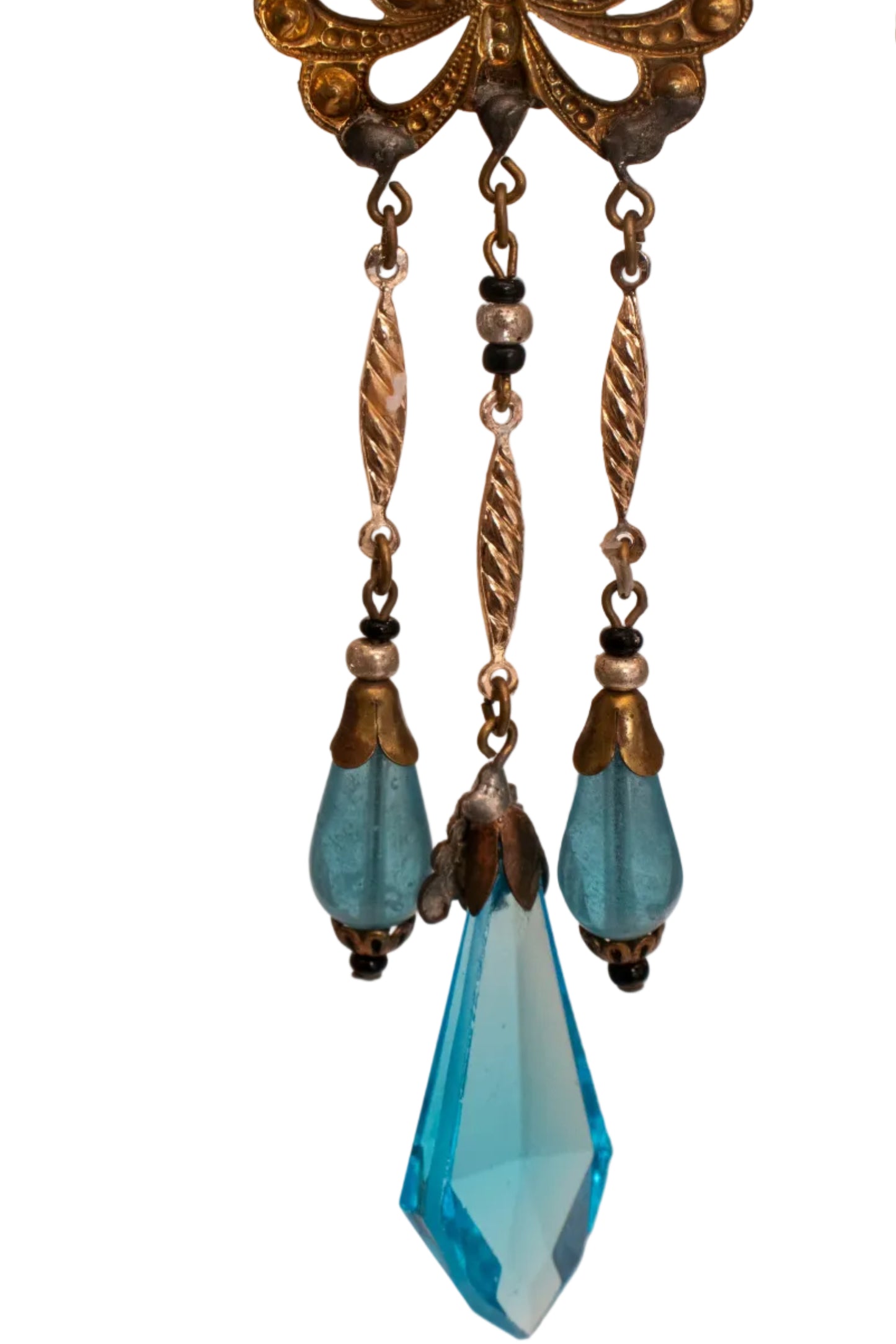 Antique Czech Glass Gold Tone Blue Butterfly Chandelier Pierced Earrings