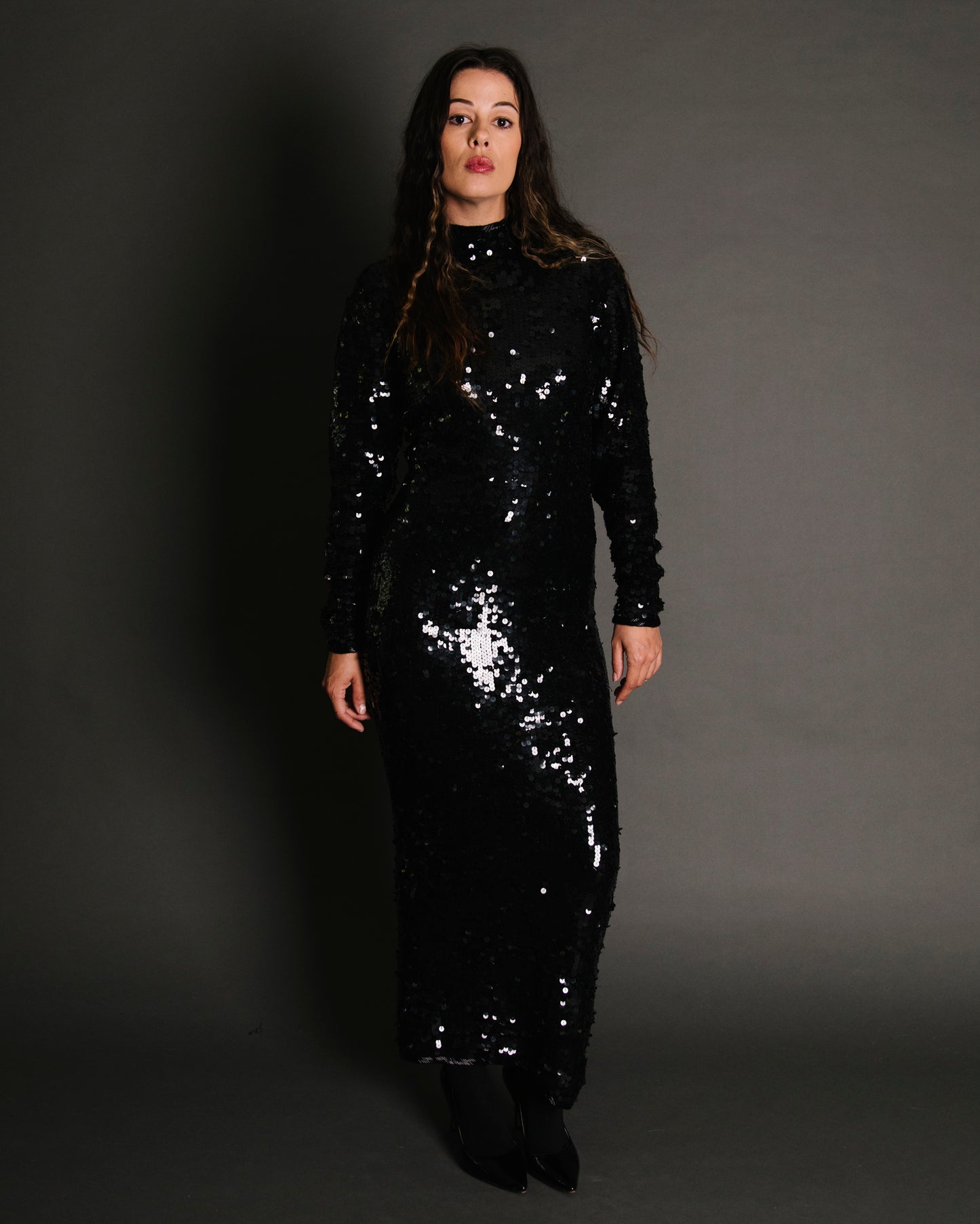 80's Black Sequin Dress M