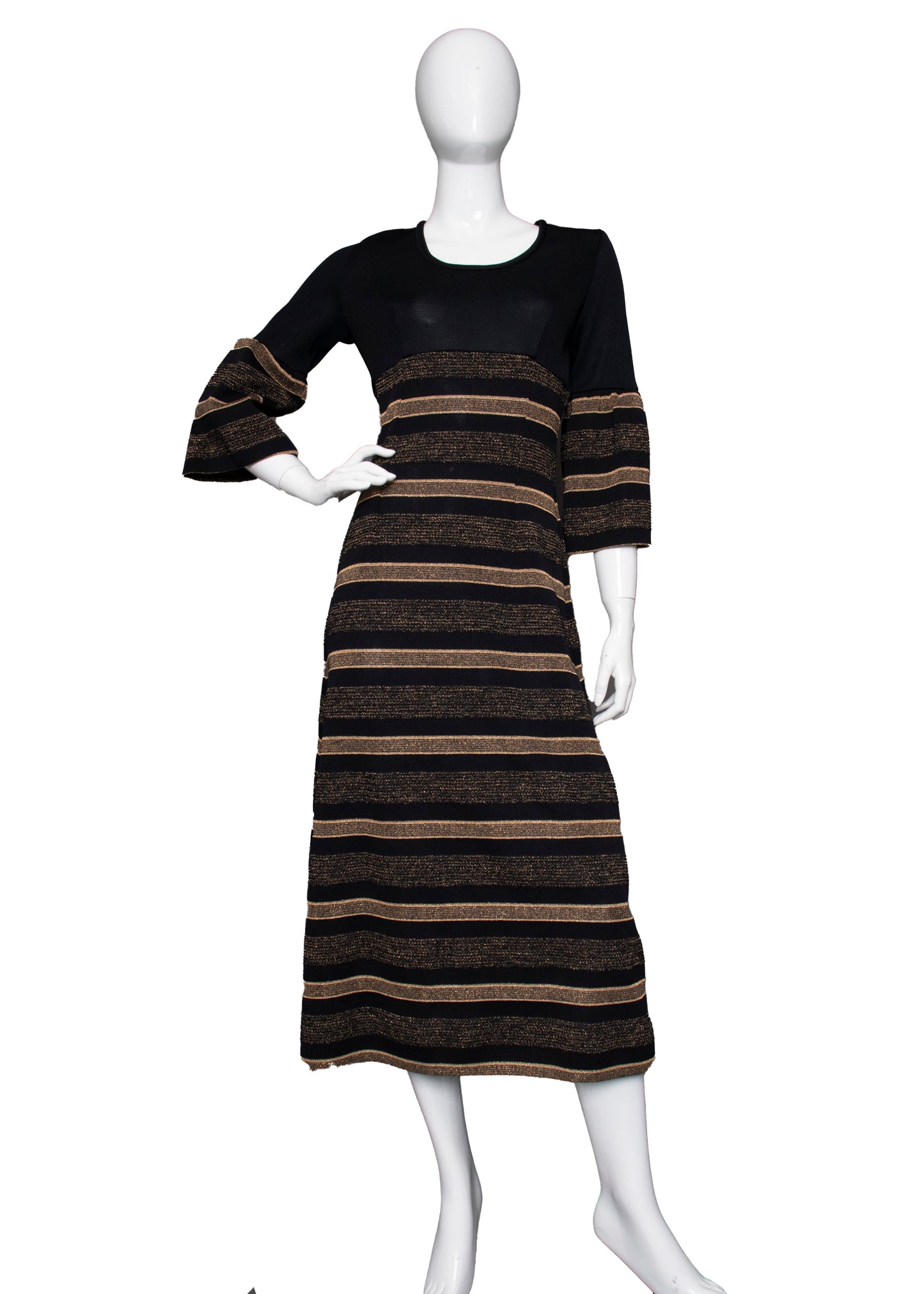 60s Black & Gold Striped Knit Dress S