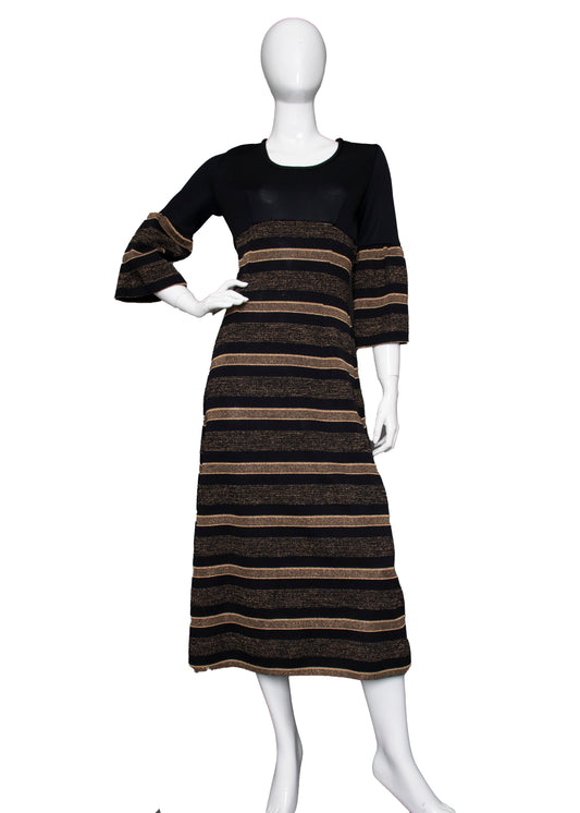 60s Black & Gold Striped Knit Dress S