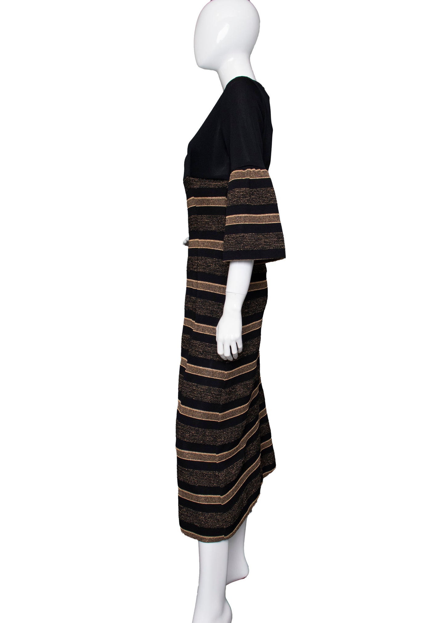 60s Black & Gold Striped Knit Dress S