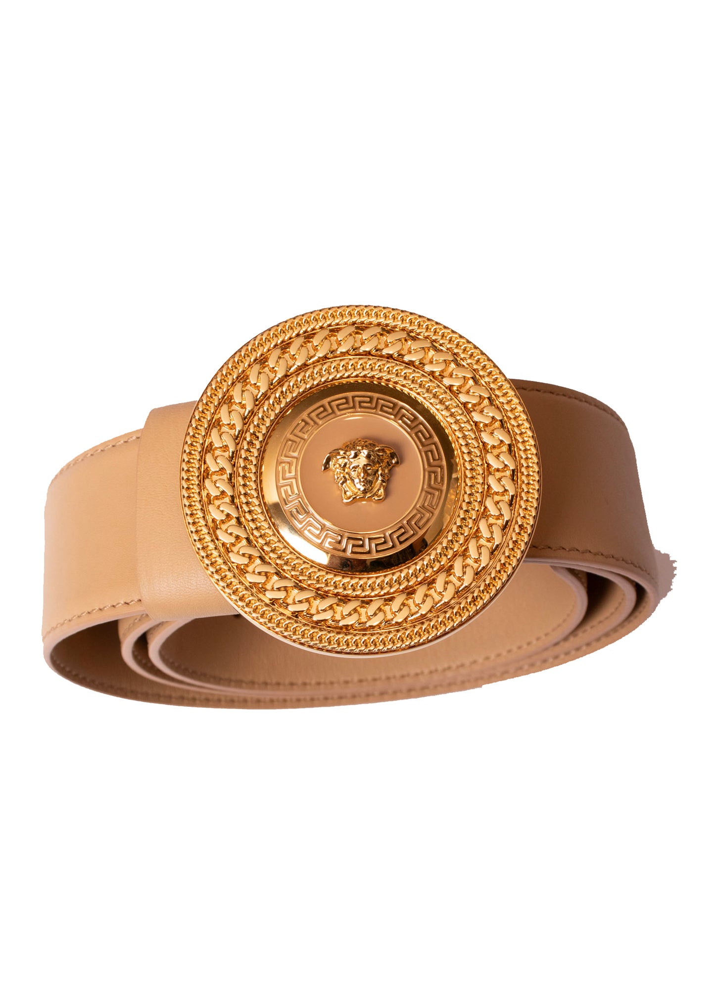 Versace Tan Leather and Gold Medusa Belt L/XL