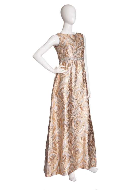 60s Gold & Silver Brocade Maxi Dress S/M