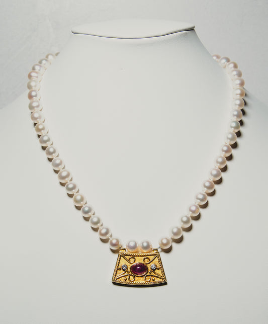Pearl Necklace with Gold and Ruby Pendant