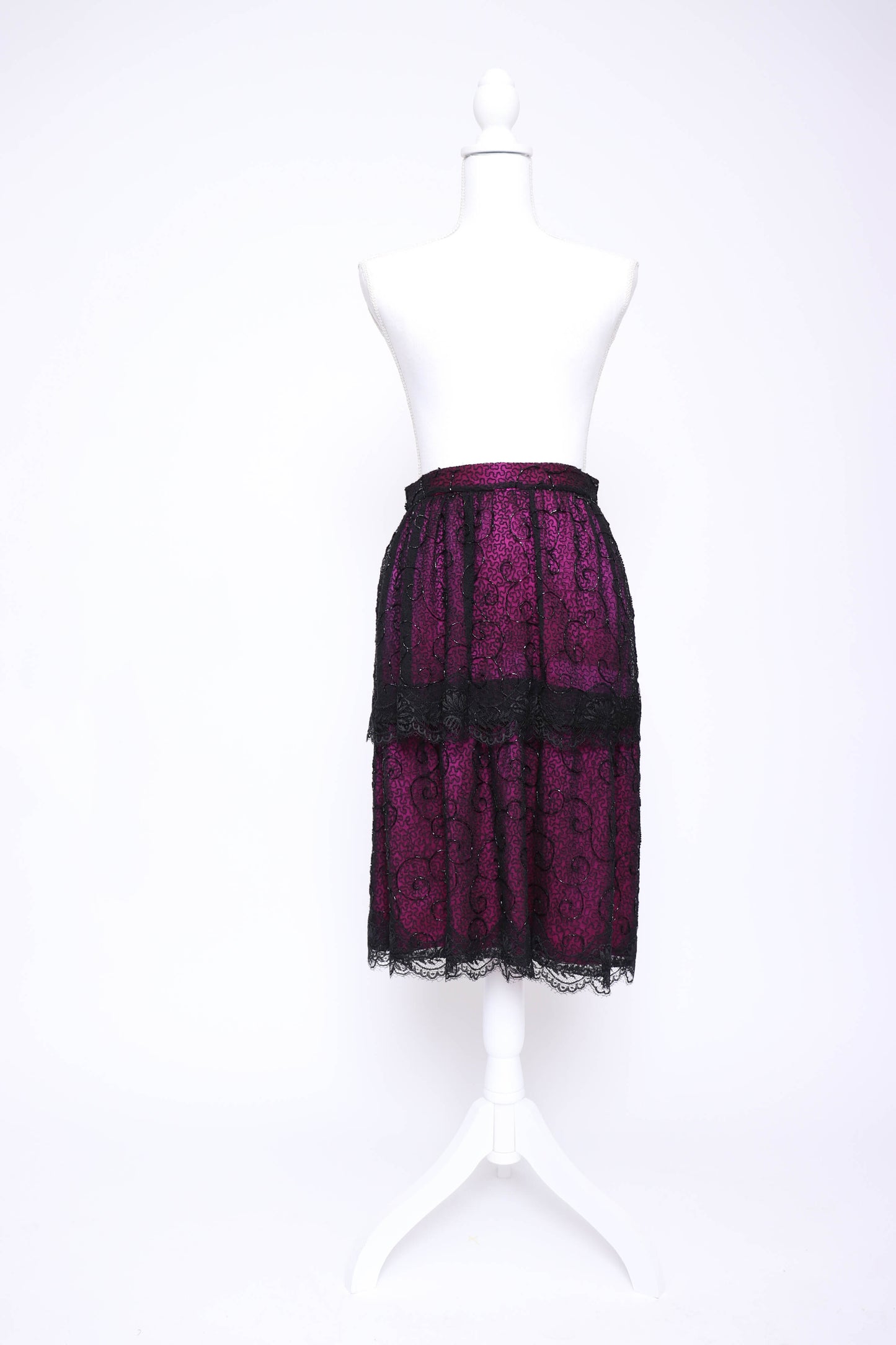 80’s Black Lace and Fuchsia Silk Custom Skirt Set XS
