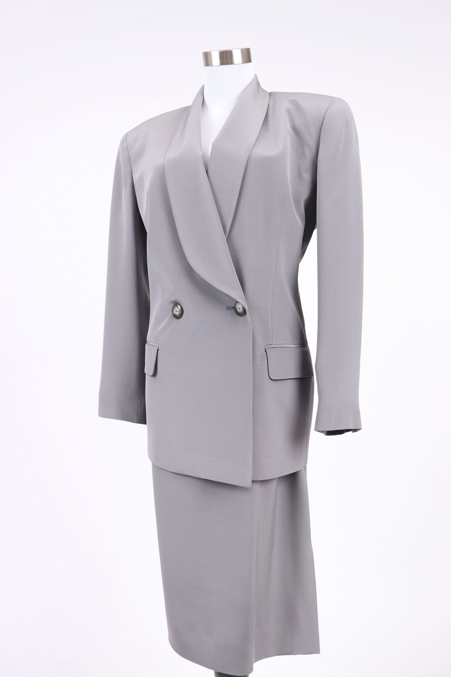 80's Ellen Tracy Grey Silk Skirt Suit M/L