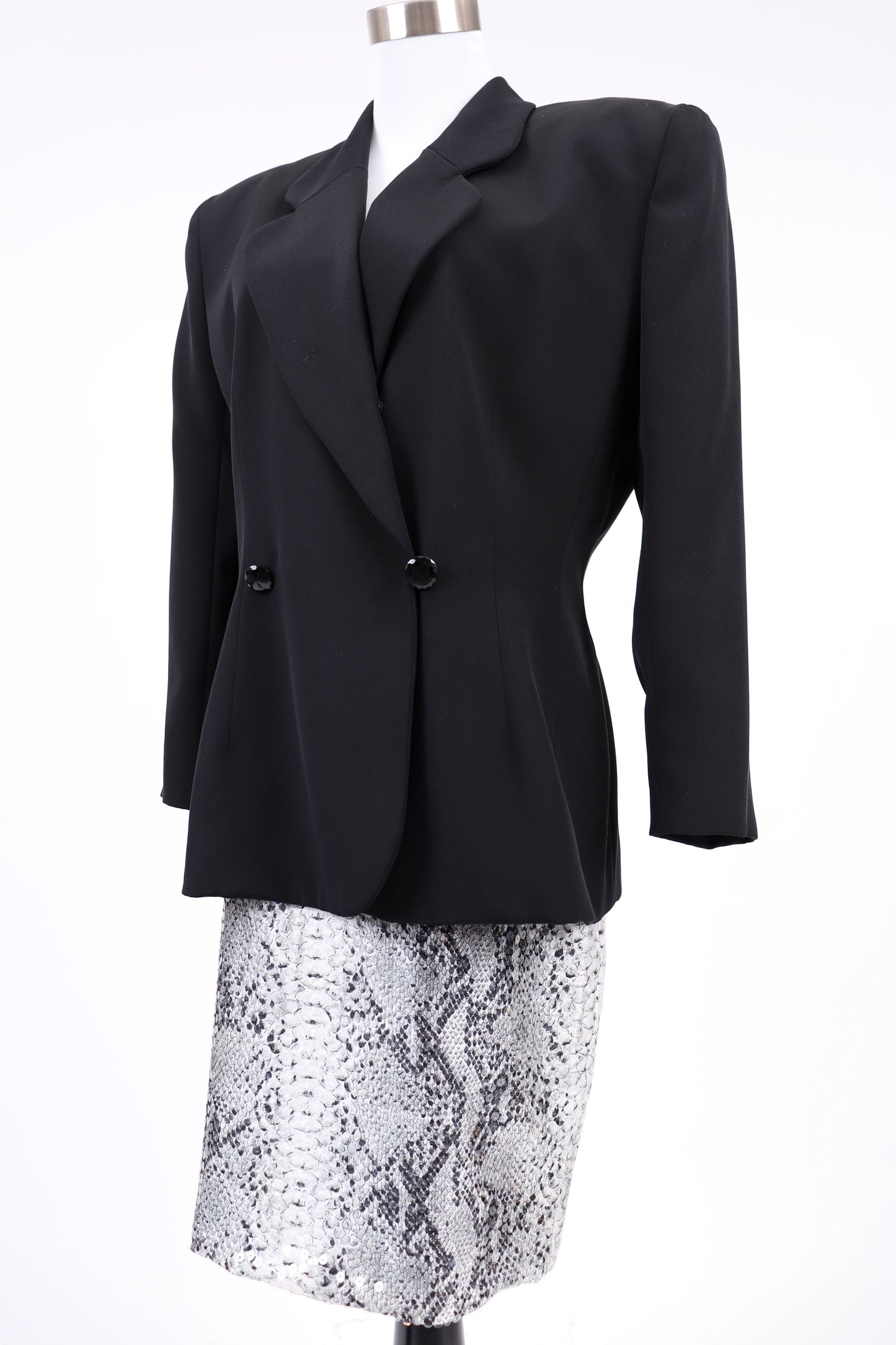 80's Eva Chun Black and Snakeskin Skirt Suit M/L