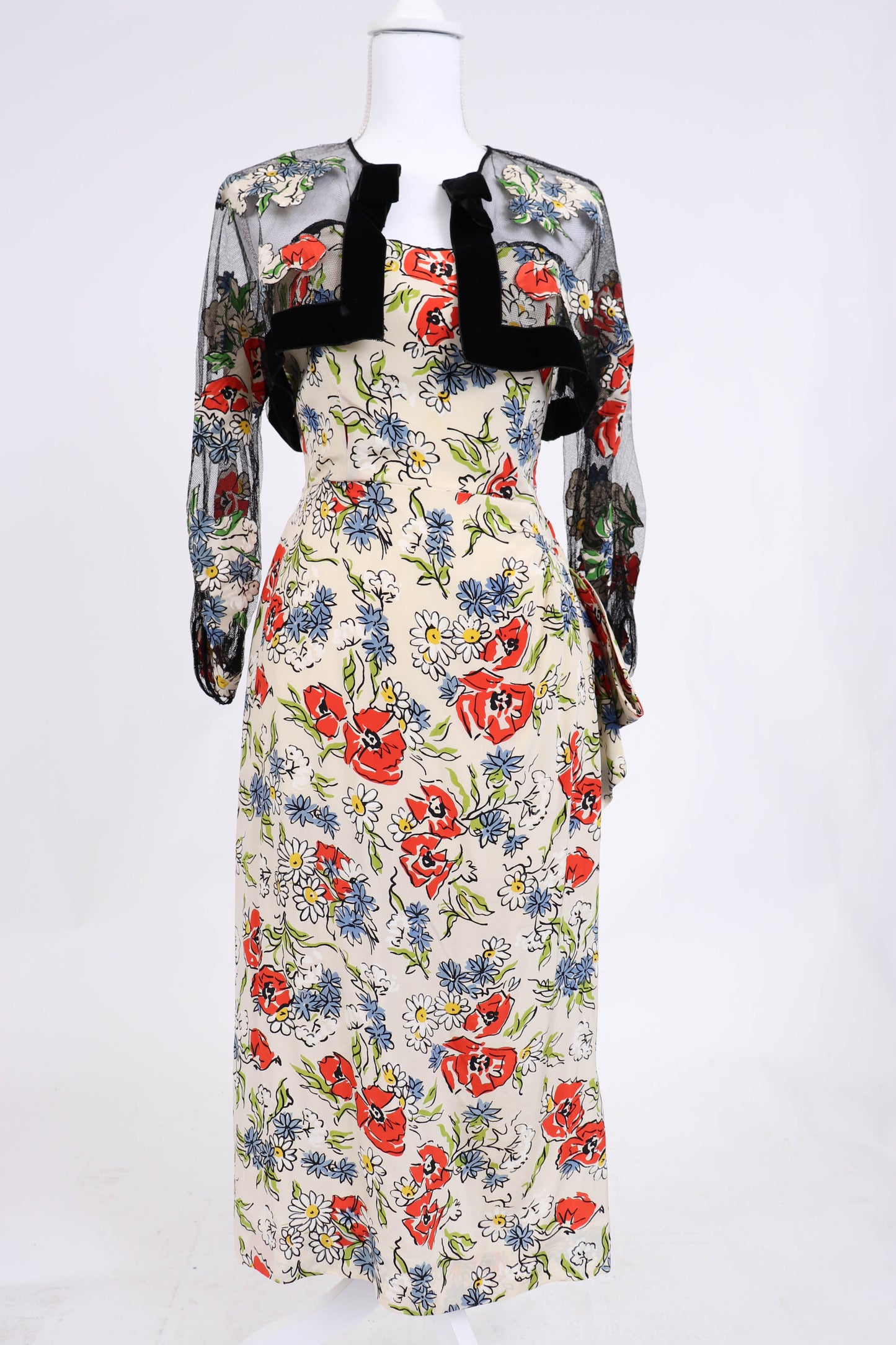 60's Floral Silk Bolero Dress S/M