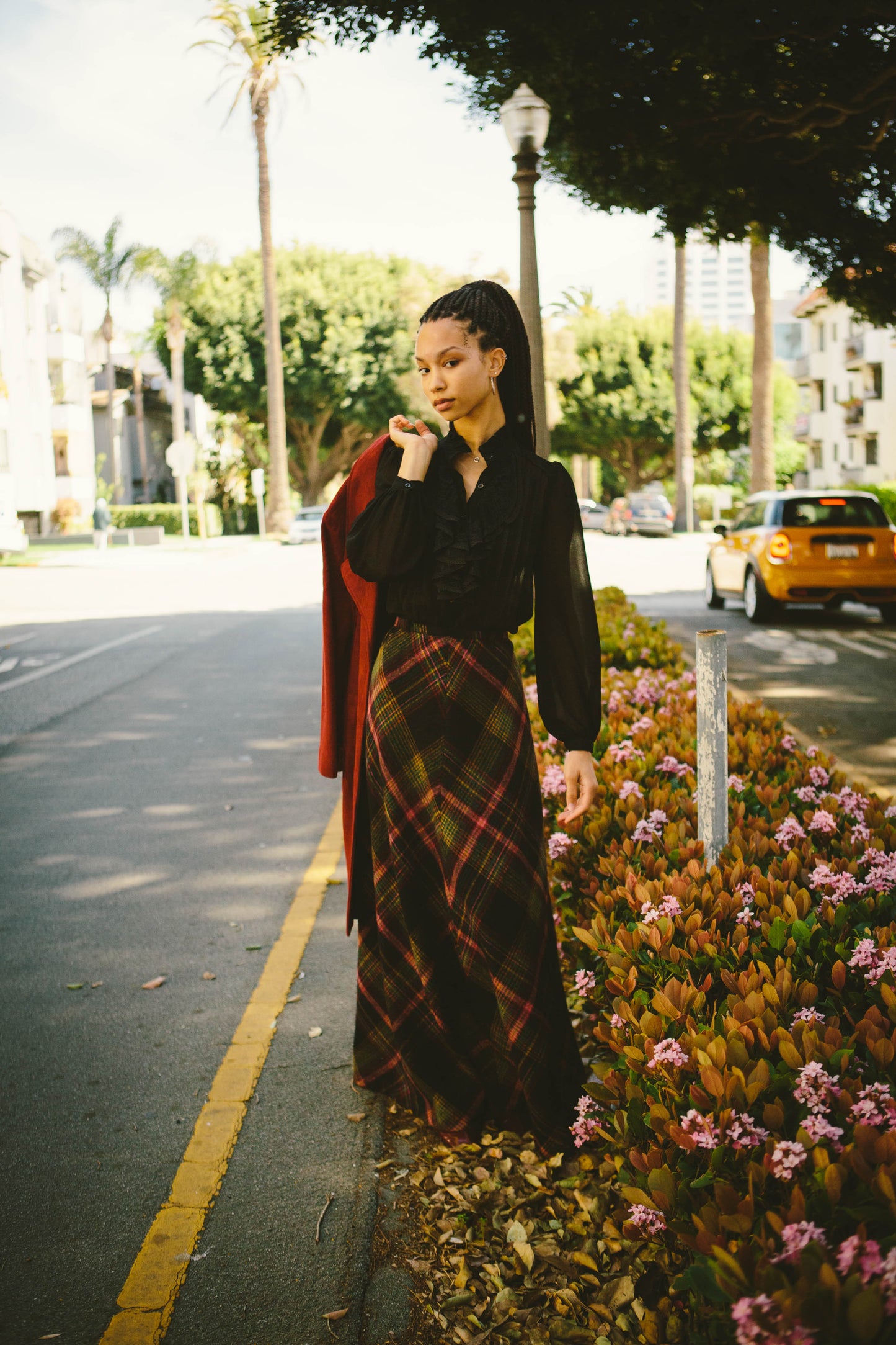 70's Plaid Wool Maxi Skirt S