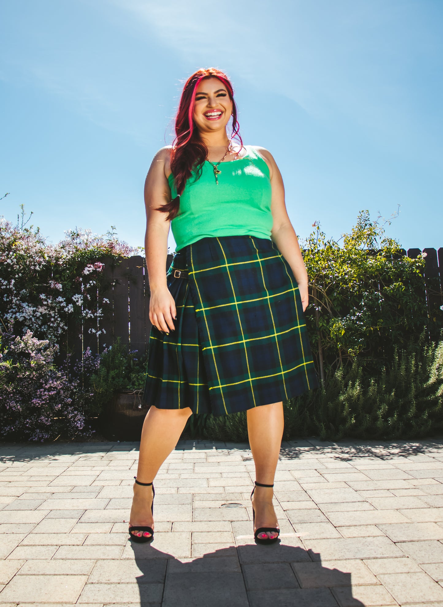 70's Green Tartan Plaid Kilt L/XL