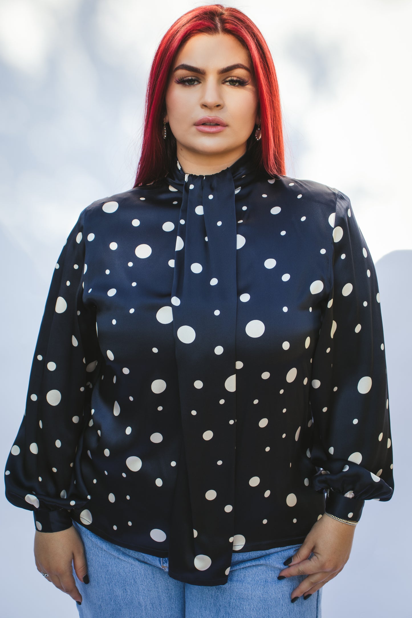 80's Blue Polka Dot Blouse L/XL