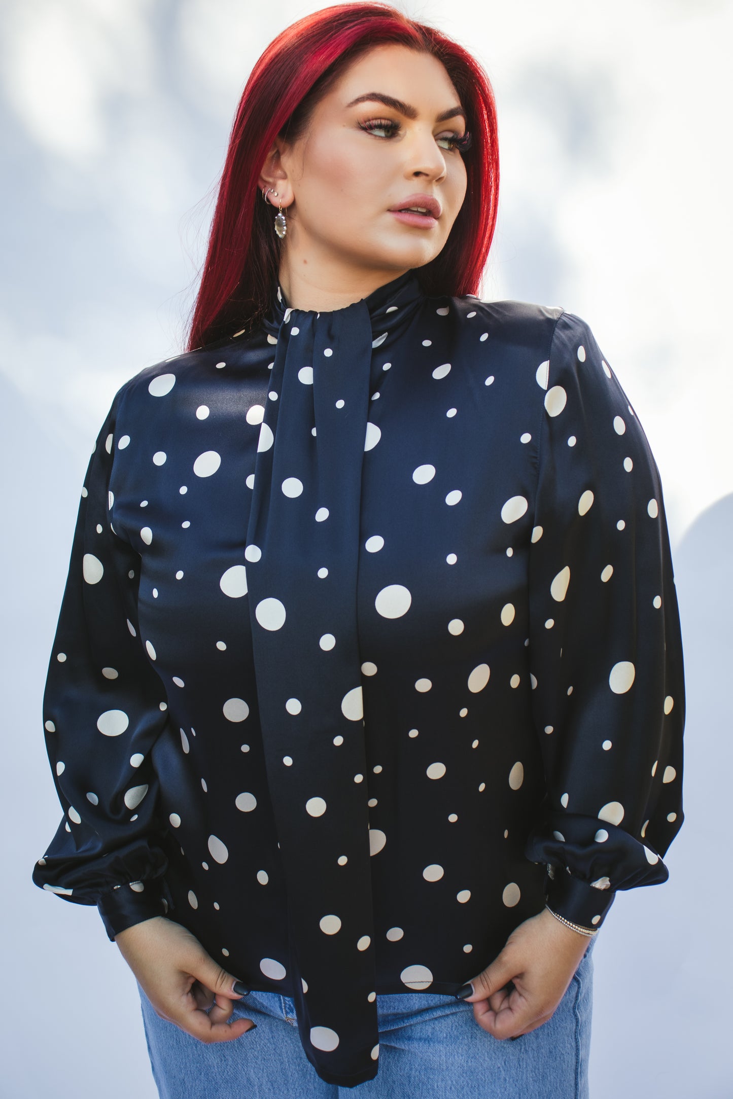 80's Blue Polka Dot Blouse L/XL