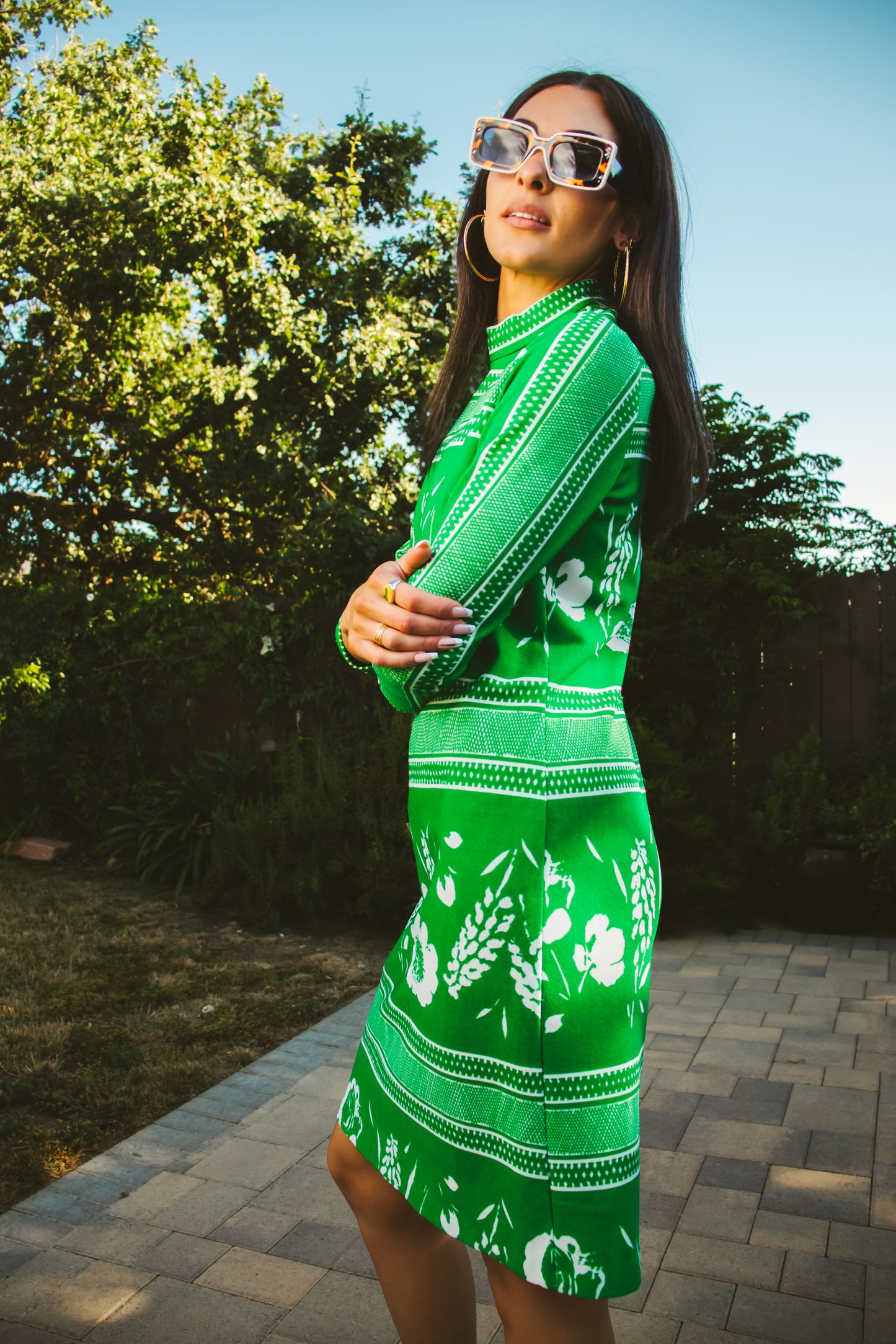 60's Green and White Long Sleeve Shift Dress M