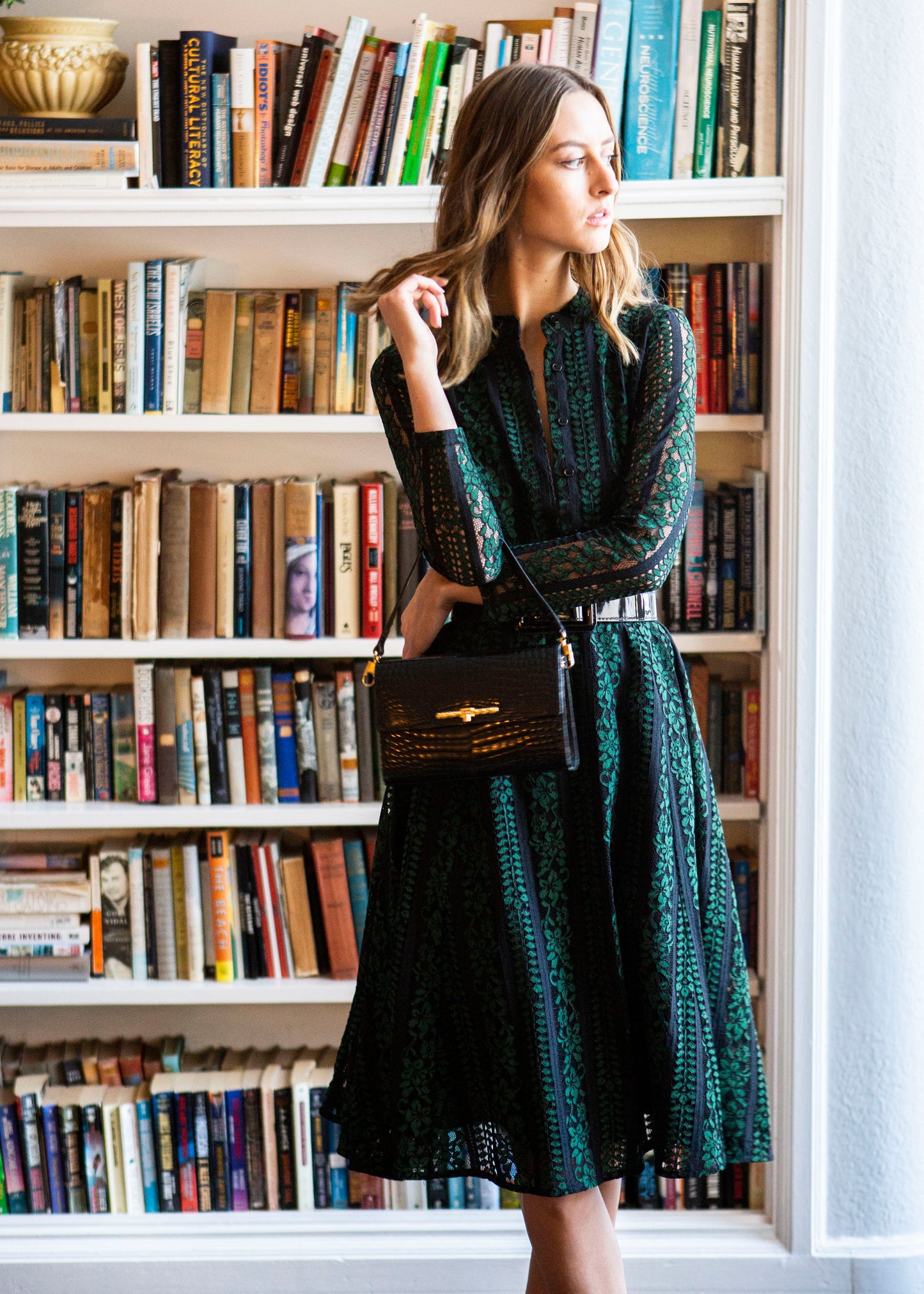 80's Black and Green Lace Dress S