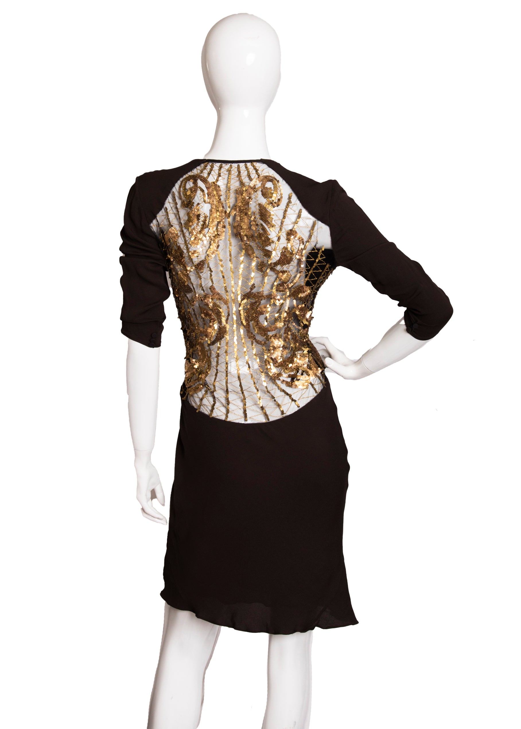 Roberto Cavalli Brown Gold 3/4 Sleeve Sequin Mini Dress