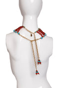 Julie Rubano Red Blue Beaded Egyptian Revival Collar Necklace