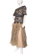 Eavis & Brown Black Tan Beaded Silk 3/4 Sleeve Maxi Dress