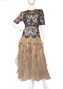 Eavis & Brown Black Tan Beaded Silk 3/4 Sleeve Maxi Dress