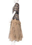 Eavis & Brown Black Tan Beaded Silk 3/4 Sleeve Maxi Dress