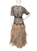 Eavis & Brown Black Tan Beaded Silk 3/4 Sleeve Maxi Dress