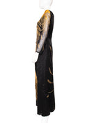 Amen Wardy Black Gold Sequin One Sleeve Maxi Dress