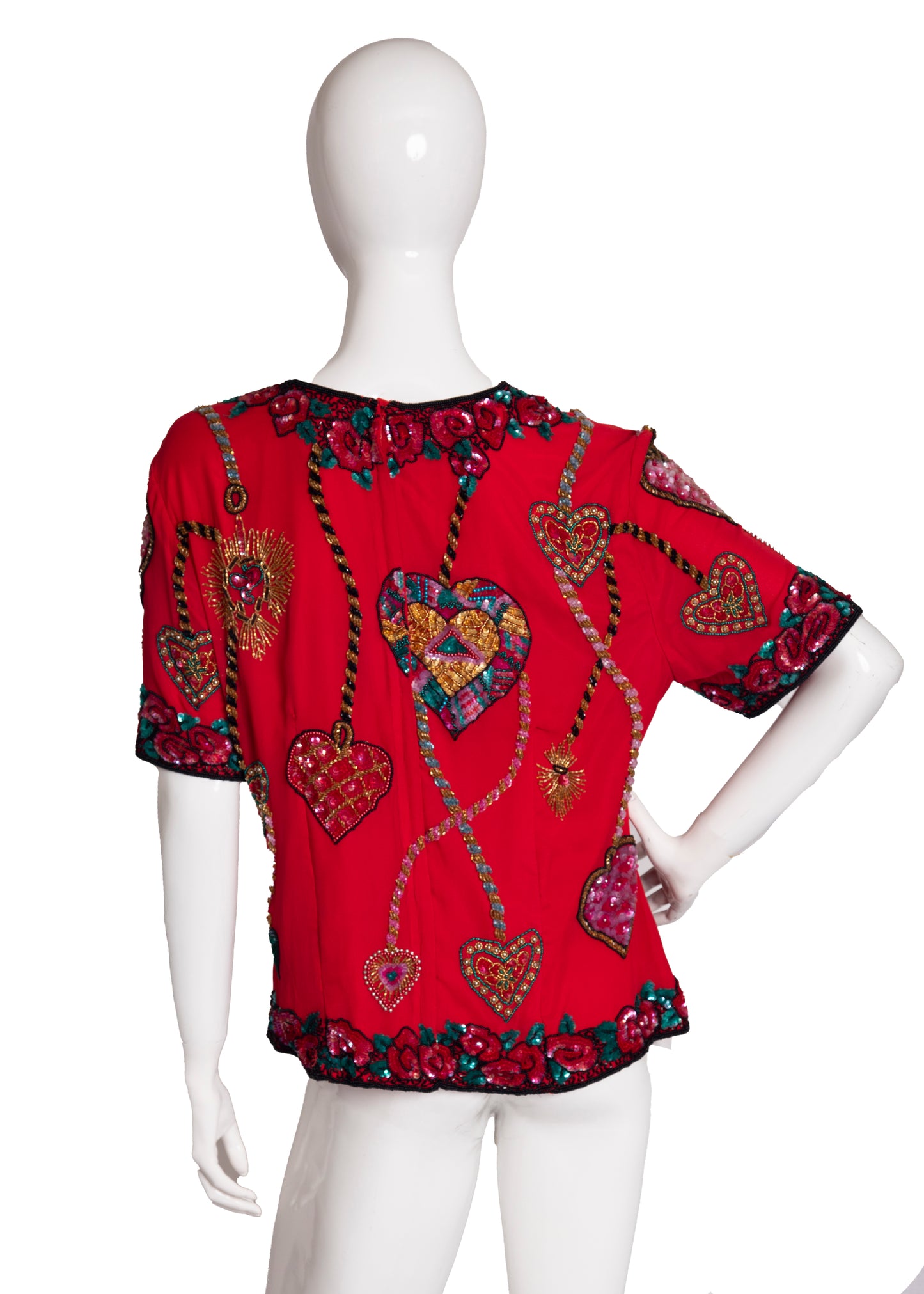 90s Red Silk Sequin Top L