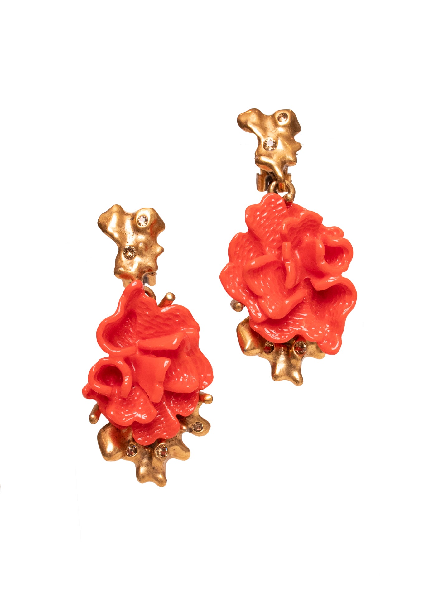 Oscar de la Renta Coral Flower Gold Branch Clip On Earrings