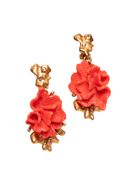 Oscar de la Renta Coral Flower Gold Branch Clip On Earrings