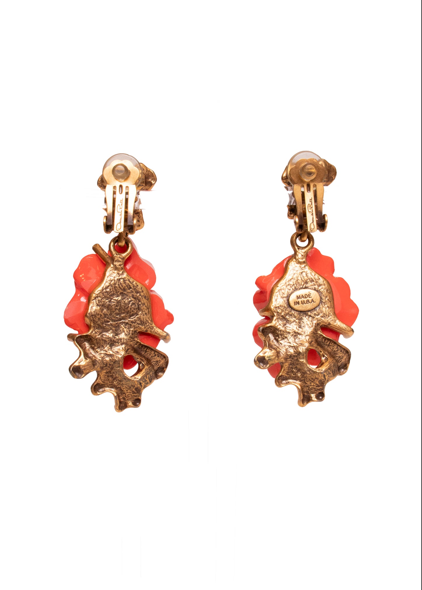 Oscar de la Renta Coral Flower Gold Branch Clip On Earrings