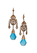 Antique Czech Glass Gold Tone Blue Chandelier Pierced Earrings