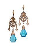 Antique Czech Glass Gold Tone Blue Chandelier Pierced Earrings