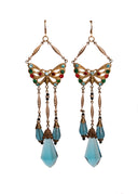 Antique Czech Glass Gold Tone Blue Butterfly Chandelier Pierced Earrings