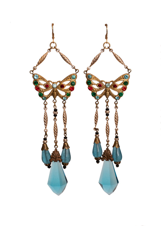 Antique Czech Glass Gold Tone Blue Butterfly Chandelier Pierced Earrings
