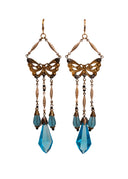 Antique Czech Glass Gold Tone Blue Butterfly Chandelier Pierced Earrings