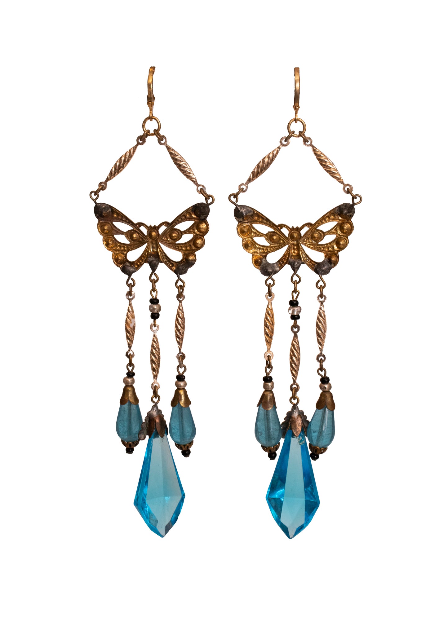 Antique Czech Glass Gold Tone Blue Butterfly Chandelier Pierced Earrings