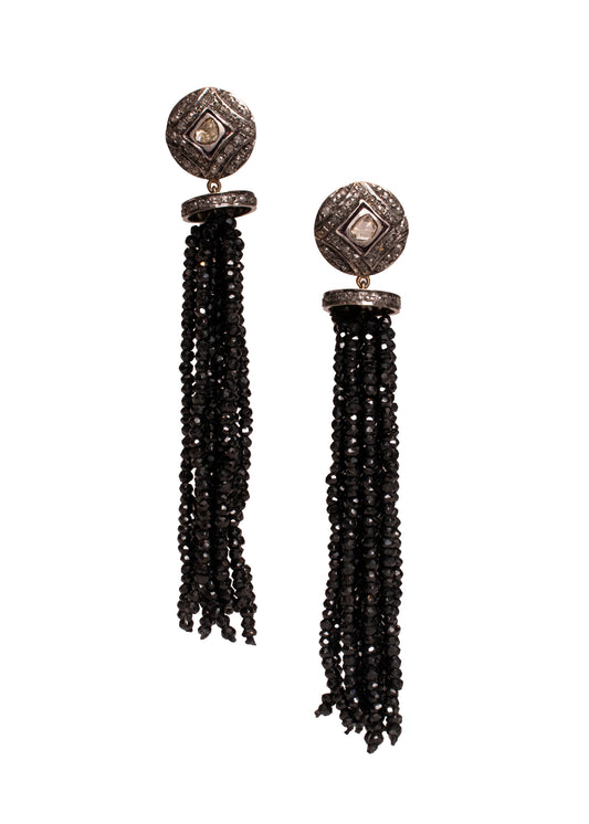 Rough Diamond Black Tassel Pierced Earrings