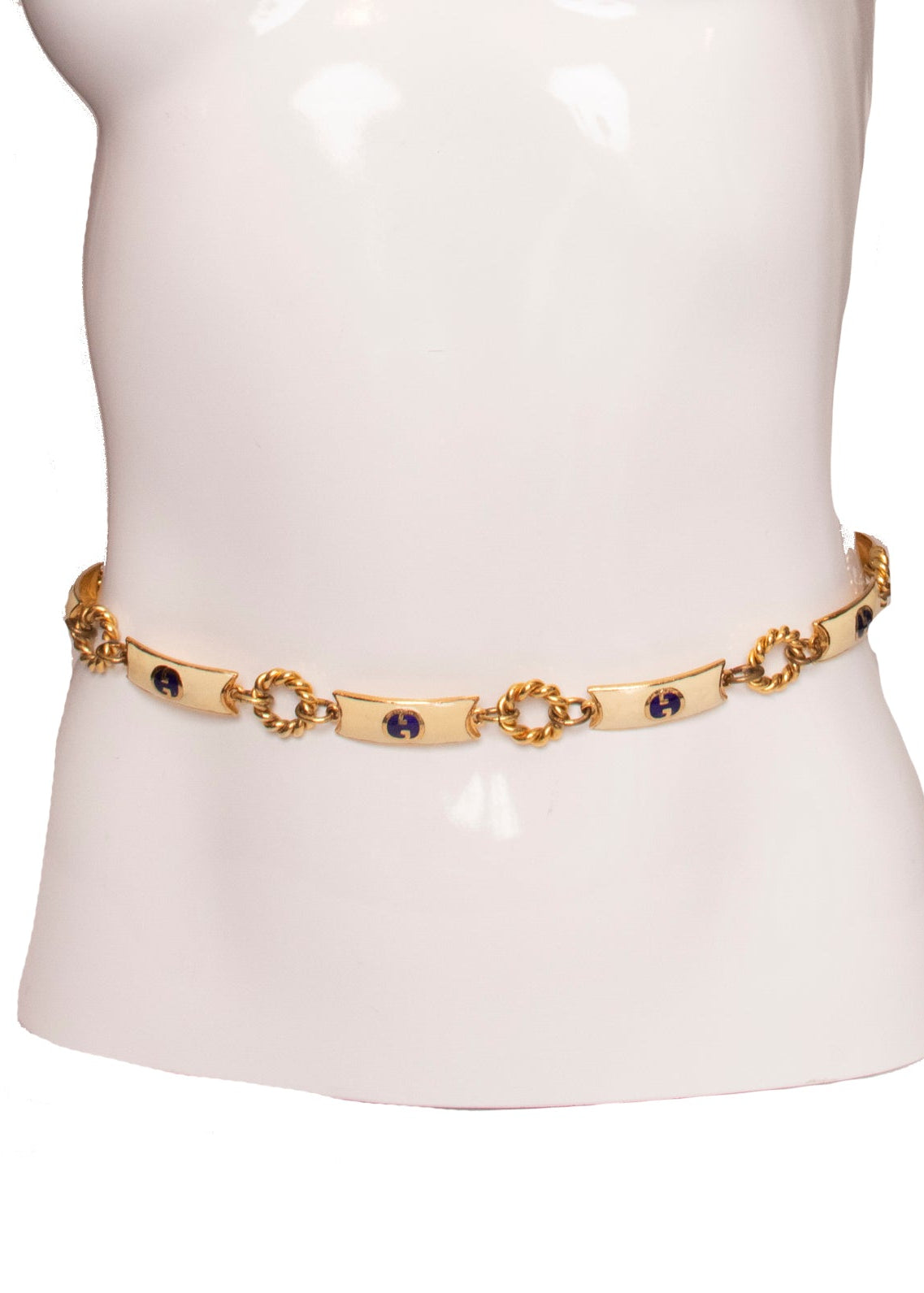 Gucci Gold Tone Blue Ivory Enamel Monogram Chain Belt