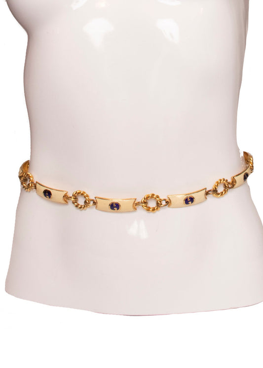 Gucci Gold Tone Blue Ivory Enamel Monogram Chain Belt