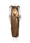 Krizia Gold Lame Beaded Long Sleeve Maxi Dress