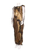 Krizia Gold Lame Beaded Long Sleeve Maxi Dress