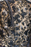 Eavis & Brown Black Tan Beaded Silk 3/4 Sleeve Maxi Dress