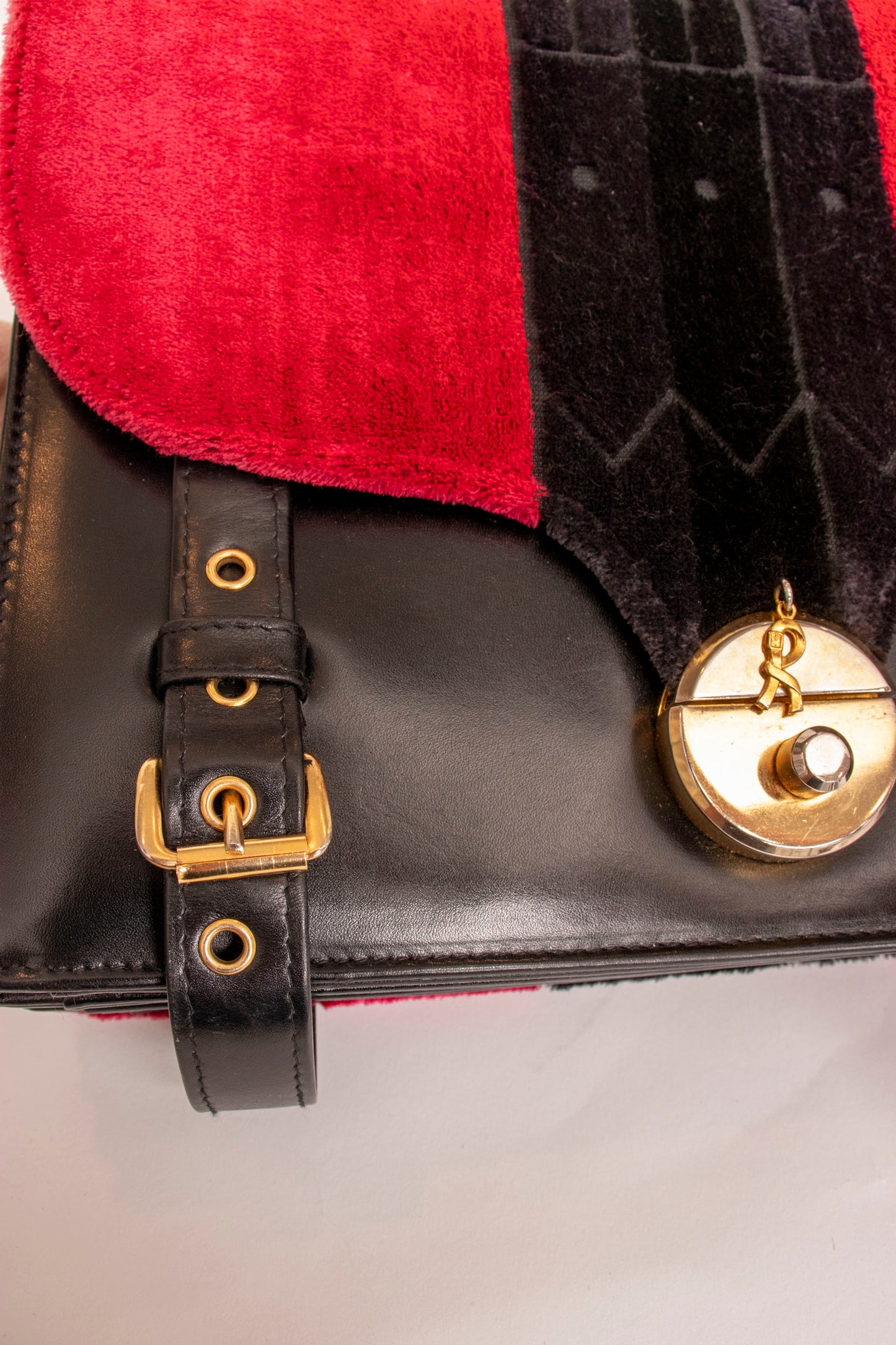 Roberta di Camerino Red and Black Velvet Leather Top Handle Handbag