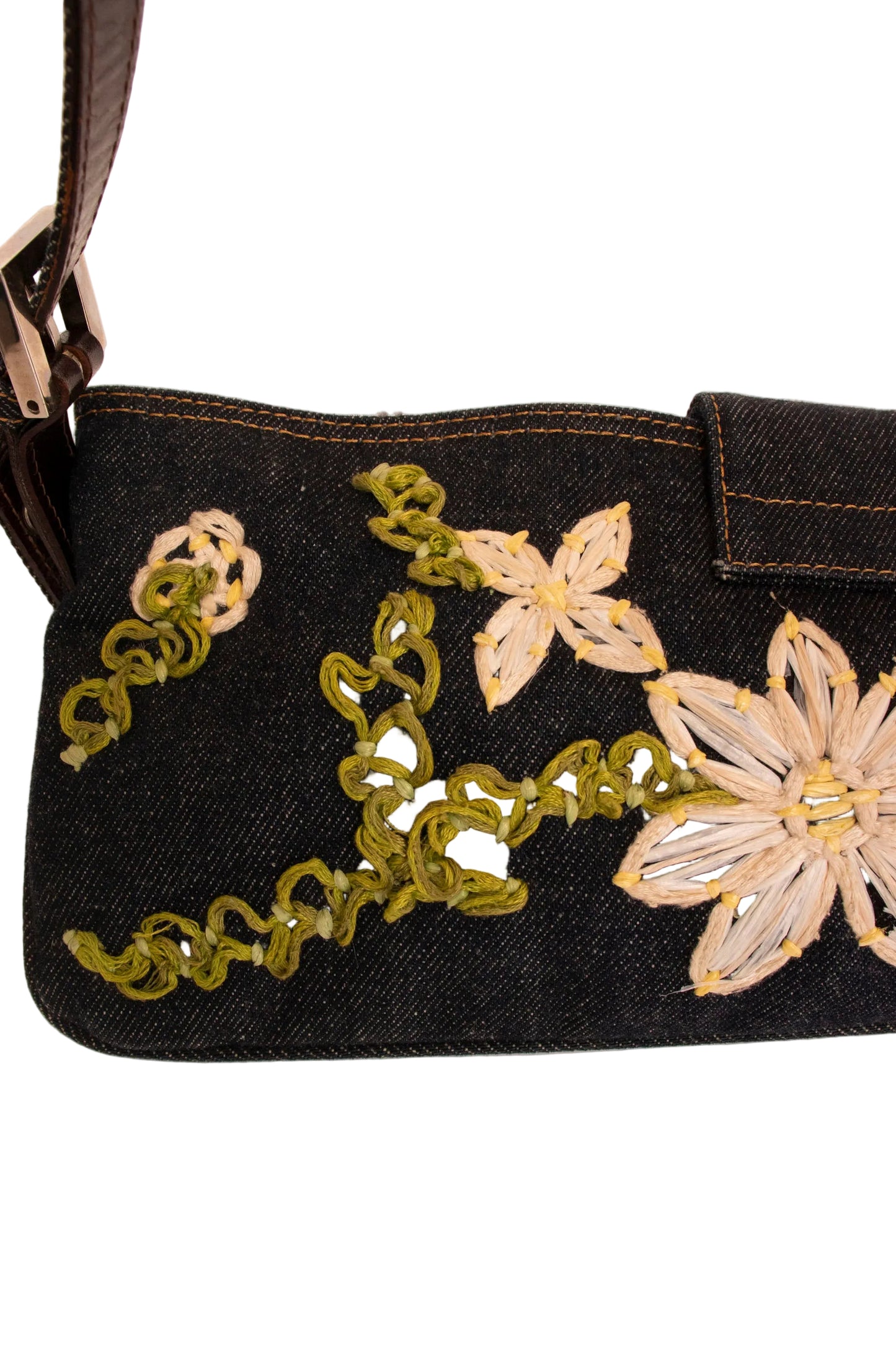 Fendi Denim Floral Embroidered Baguette Shoulder Handbag