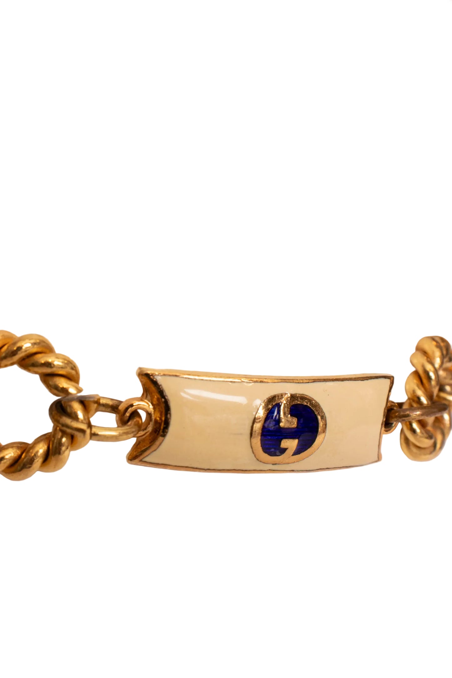 Gucci Gold Tone Blue Ivory Enamel Monogram Chain Belt